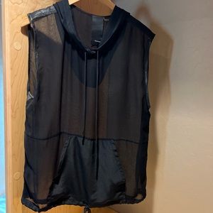 Heather, black sheer tank hoodie in small with leather trim